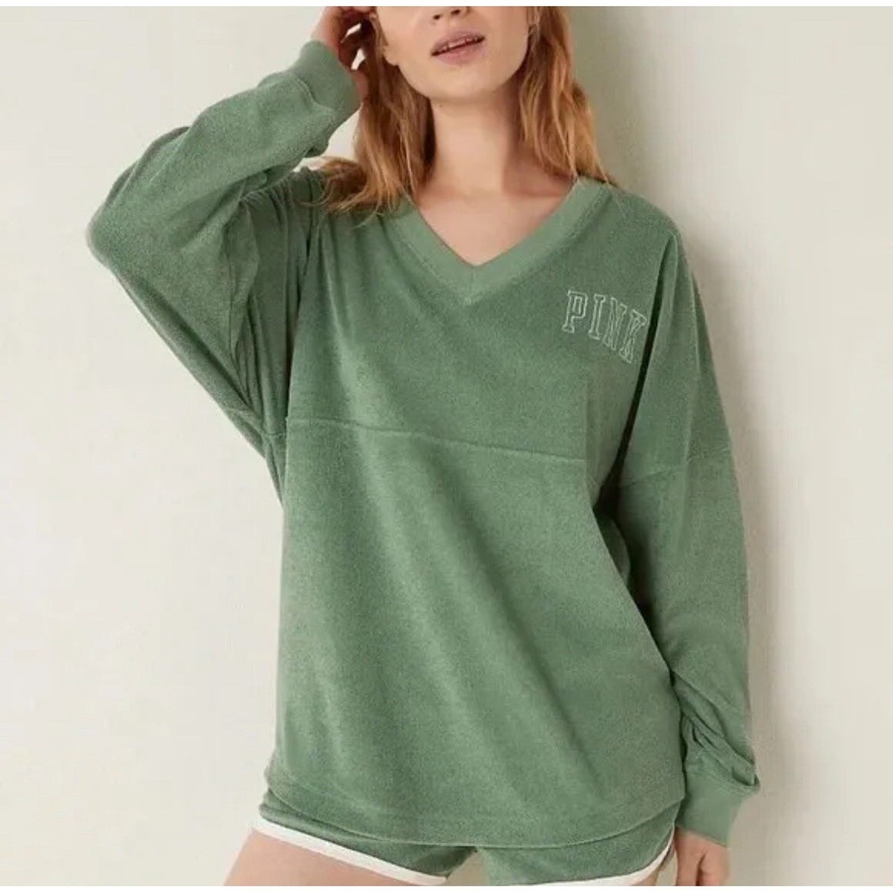 Victoria's Secret PINK Women's Varsity Sweatshirt Green Terry Small Oversized